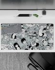 Mint gray background with crisp black line art, snacky café comedy vibe anime mouse pad, 32x16 inches.