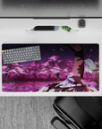 32x16 inches anime girl desk mat in violet skies and magenta blossoms, soft twilight calm aesthetic.