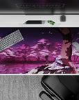 Pink sakura and violet twilight anime desk pad 40x20 inches, calm magenta blossoms for cozy gaming.