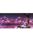 Anime girl desk pad 36x16 inches with Shiki Ryougi under sakura tree, flowing lavender robe.