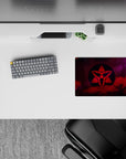 Anime mouse pad 14x10 inches in bold crimson and cosmic purple, intense shinobi mood with starburst glow.