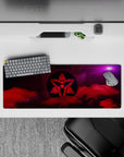 Anime mouse pad 32x12 inches in bold reds and cosmic purples, mysterious shinobi mood with violet starburst.