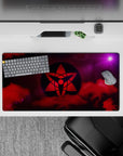 32x16 inches anime mouse pad in bold reds and cosmic purples with a mysterious, intense shinobi mood.
