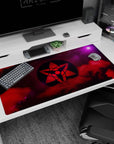 40x20 inches anime desk pad showing a floating clan crest sigil above misty red clouds with a violet burst.
