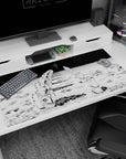 Cosmic horror 40x20 anime desk mat with kneeling astronauts, an ominous figure, and a stark manga aesthetic for an unsettling and mysterious vibe