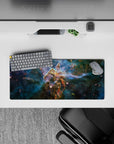 Teal and deep blue galaxy mouse pad 28x12 inches with smoky swirls, soft glow, calming vibe.