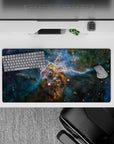 Calming teal and deep blue cosmic mouse pad 32x16 inches with smoky swirls and soft night glows.