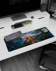 Golden dust pillar in a smoky nebula mouse pad 32x12 inches, surrounded by tiny stars and blue haze.