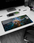 Galaxy scene mouse pad 32x16 inches featuring a central pillar of golden dust amid stars and mist.