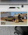 32x16 inches mouse pad with Spike Spiegel and Ein, blending noir aesthetics with a vintage sun-drenched design for timeless Cowboy Bebop cool.