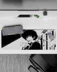 Spike Spiegel anime mouse pad, 32x12 inches, featuring black and white Cowboy Bebop design with a cool city backdrop.
