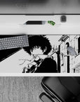 Spike Spiegel anime desk pad 36x16 inches from Cowboy Bebop, in monochrome, featuring a noir city backdrop with a cool vibe.