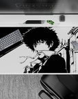 Anime desk pad 40x20 inches featuring Spike Spiegel from Cowboy Bebop in black and white, exuding cool, noir style.