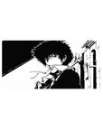Anime mouse pad 32x16 inches featuring Spike Spiegel from Cowboy Bebop in black and white, exuding a cool, noir vibe.