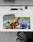 KonoSuba anime mouse pad 28x12 inches featuring Kazuma, Aqua, Darkness, and Megumin in a vibrant, chaotic scene.