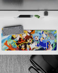 KonoSuba anime mouse pad, 32x12 inches, featuring Kazuma, Aqua, Darkness, and Megumin in a dynamic, colorful scene.