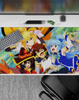 KonoSuba anime desk pad 40x20 inches featuring Kazuma, Aqua, Darkness, and Megumin in a vibrant, action-packed scene.