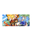 KonoSuba anime mouse pad 28x12 inches featuring Kazuma, Aqua, Darkness, and Megumin in vivid colors and dynamic poses.