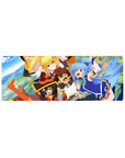 KonoSuba anime mouse pad 32x12 inches featuring Kazuma, Aqua, Darkness, and Megumin in vivid colors and dynamic poses.