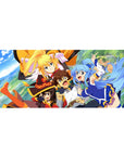 KonoSuba anime desk pad 36x16 inches featuring Kazuma, Aqua, Darkness, and Megumin in dynamic action poses with vivid colors.