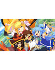 KonoSuba anime desk pad 40x20 inches: Kazuma panics, Aqua hypes, Darkness cheers, and Megumin poses in vivid colors.