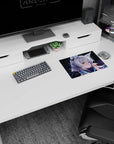 Silver-haired fox-eared anime girl under night bokeh on a 14x10 inches mouse pad, calm cute vibe.