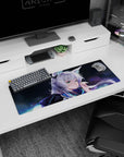32x12 inches desk mat showing a silver-haired fox-eared anime girl under dreamy moonlight and soft glow.