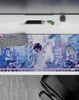 Pastel lilac and sky-blue 36x16 inches anime desk pad with calm after-rain glow and soft neon.