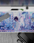 40x20 inches anime desk pad in lilac and sky-blue pastels, calm after rain, soft bittersweet glow.