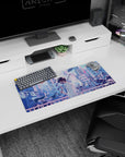 28x12 inches anime mouse pad featuring a masked boy with umbrella drifting across a bridge at dusk.