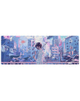 32x12 inches anime mouse pad with neon city bridge, pastel clouds, bubbles, and ribbon shapes.