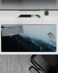 32x16 inches mouse pad with a foggy forest, blending cool blues and greens for a tranquil, serene nature aesthetic.