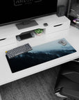 Artistic 32x12 inches mouse pad with a misty forest, blending cool blues and greens for a tranquil and serene workspace.