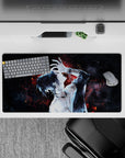 Anime mouse pad 32x16 inches featuring a tattooed character with neon-red embers on deep-space black, creating a dark, elegant vibe.