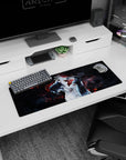 Anime mouse pad 32x12 inches featuring a tattooed character with neon-red embers on deep-space black background.