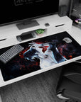 Anime desk pad 40x20 inches with neon-red embers and tattooed figure, perfect for a moody and elegant workspace.