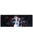 Anime mouse pad 32x12 inches with neon-red embers, tattooed figure, deep-space black background, and glinting jewelry.