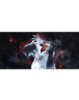 Anime desk pad 36x16 inches featuring a tattooed character with neon-red embers against a deep-space black background.
