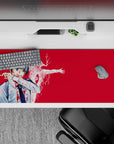 Anime desk pad 36x16 inches featuring Aki Hayakawa from Chainsaw Man, intense crimson with Curse Devil in background.