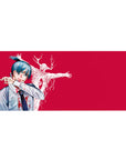 Aki Hayakawa 36x16 inch anime mouse pad features intense crimson, Curse Devil, and Chainsaw Man details.