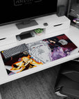 Naruto vs Sasuke scene on 36x16 inches anime desk pad, chakra orange blaze and moody violet power clash.