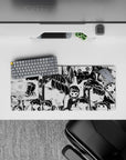 28x12 inches anime girl mouse pad in glossy black and white, cozy chaotic manga vibe with cute sleepy smiles.