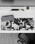Cozy manga-cute chaos in black-and-white, glossy anime girl mouse pad 32x12 inches for smooth tracking.