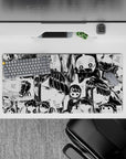 32x16 inches anime girl mouse pad in monochrome manga ink, cozy chaotic vibe with cute sleepy smiles.