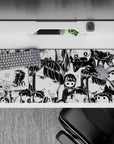36x16 inches anime girl desk pad in glossy black and white, cozy midnight manga vibe with cute chaos.
