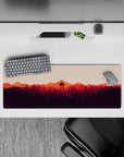 32x12 inches mouse pad with fiery sunset over forest, capturing bold colors for a creative, energetic desk effect.