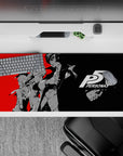 Persona 5 desk pad 36x16 inches featuring Joker and Morgana with bold red, black, and grey design, perfect for fans.