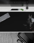 Charcoal-toned anime desk pad 40x20 inches with moody late-night vibe and tiny red candy accents.