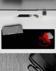 Evangelion mouse pad 32x12 inches featuring NERV logo in red on black, with the phrase "God’s in His Heaven, All’s Right."