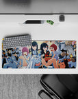 32x12 inches neon-bright anime desk mat in blues, creams, and candy reds, cozy chaotic party vibe.